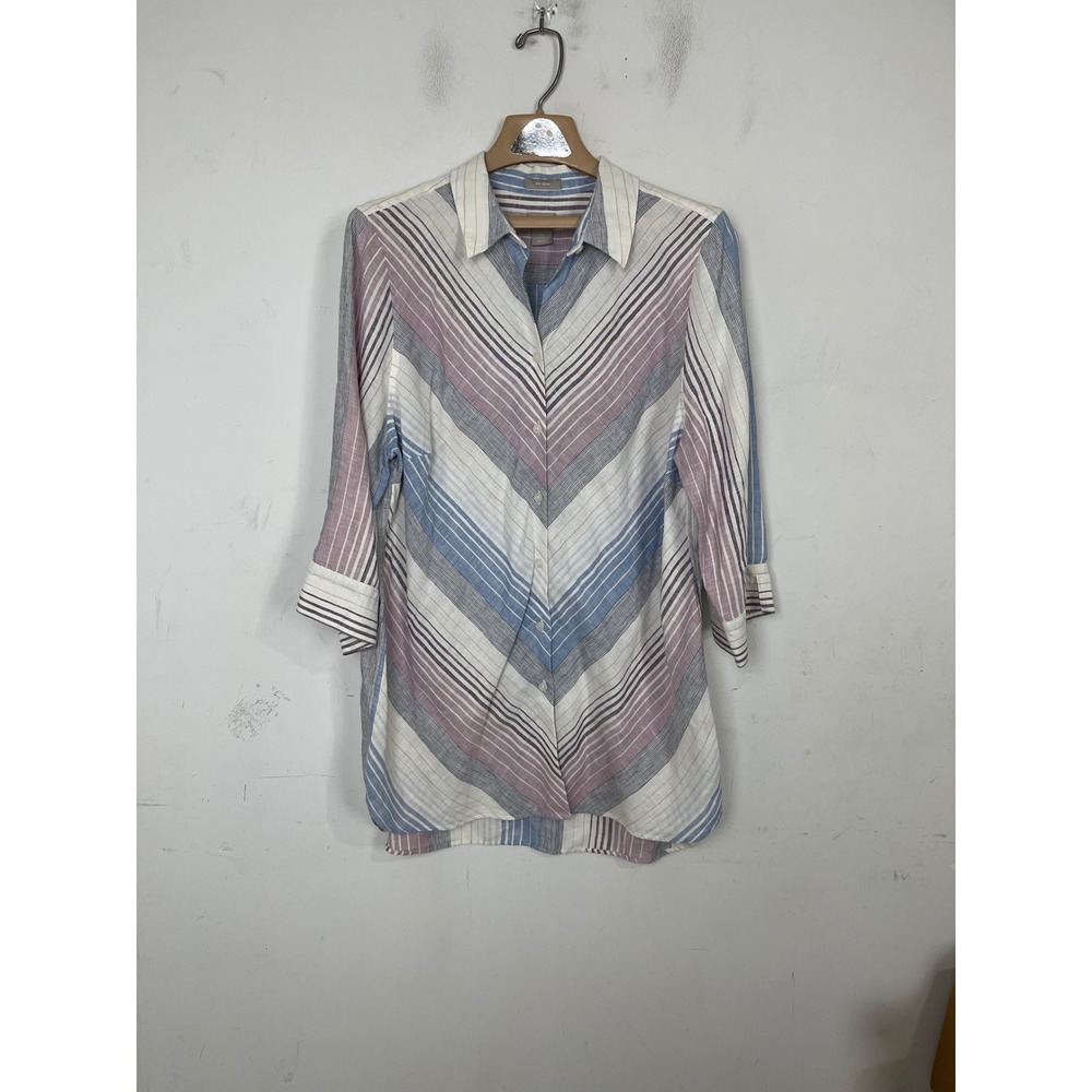 Chicos No Iron‎ 100% Linen Shirt 2.5 XL Blue Purple Chevron Stripe 3/4 Sleeve